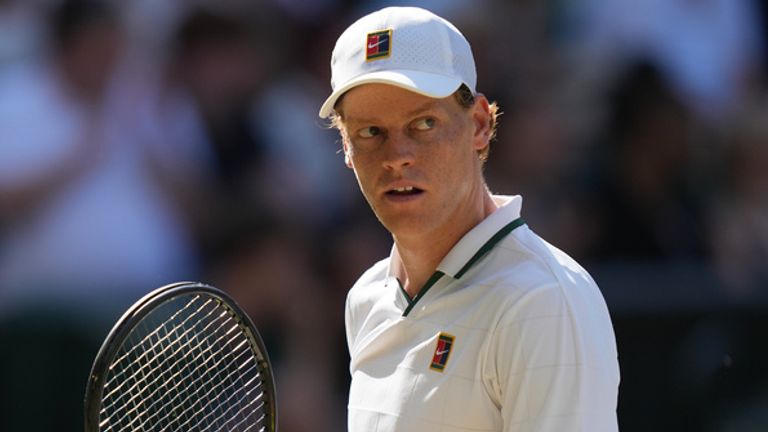Jannik Sinner, of Italy, celebrates a point against Alexander Zverev, of Germany, in the men's singles final at Wimbledon Tennis Championshi