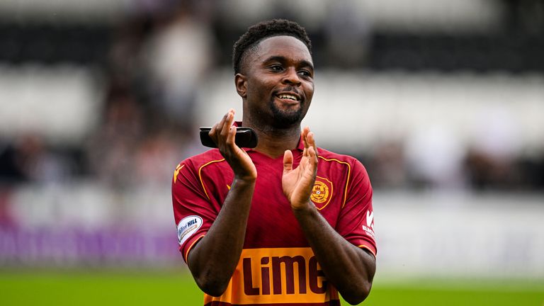 Jardell Kanga applauds fans after scoring on his Motherwell debut