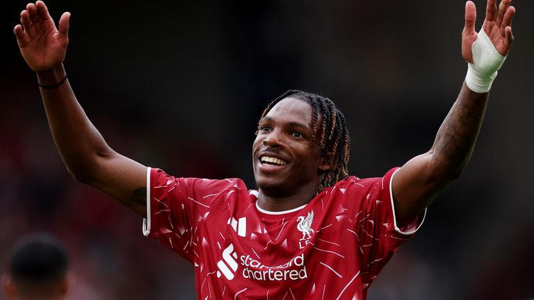 Jeremy Jacquet of Liverpool celebrates scoring his team’s second goal during the pre-season friendly match against Como