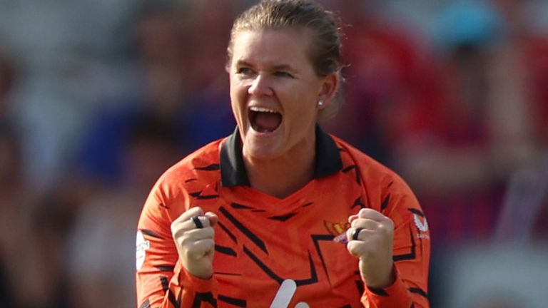 Jess Jonassen of SunRisers Leeds Women celebrates taking the wicket of Meg Lanning of Manchester Super Giants Women