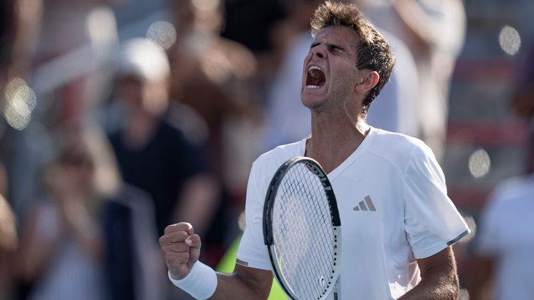 Rafael Jodar of Spain celebrates his win over Arthur Fils of France during a quarterfinal tennis tennis match at the National Bank Open in Montreal on Tuesday, Aug. 11, 2026. (Christinne Muschi/The Canadian Press via AP)