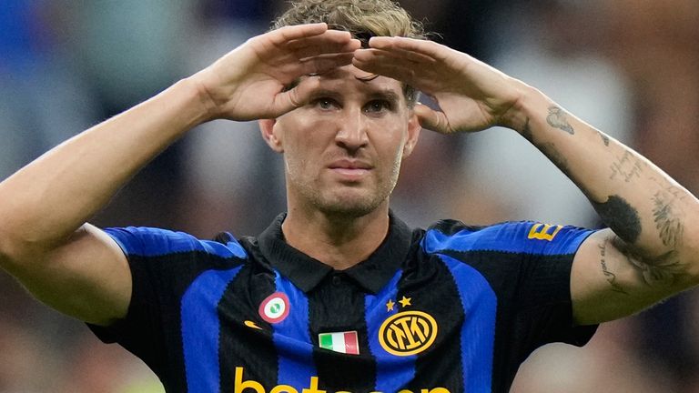 Inter Milan's John Stones gestures at the end of a Serie A soccer match between Inter Milan and Monza, in Milan, Saturday, Aug. 22, 2026