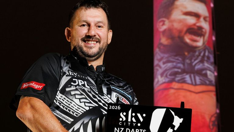 Champion Jonny Clayton with the New Zealand Darts Masters trophy (Pic: Stephen Parker/Photosport)