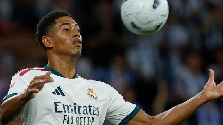 Real Madrid's Jude Bellingham controls the ball during a Spanish LaLiga match between Espanyol and Real Madrid in Barcelona Aug. 22, 2026