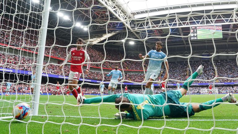 Arsenal's Kai Havertz (left) scores their second goal against Manchester City in the Community Shield