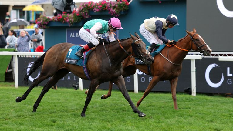 Kalpana ridden by Colin Keane (left) passes Sparan Nua ridden by Rossa Ryan on the way to winning the Legends Global Yorkshire Oaks