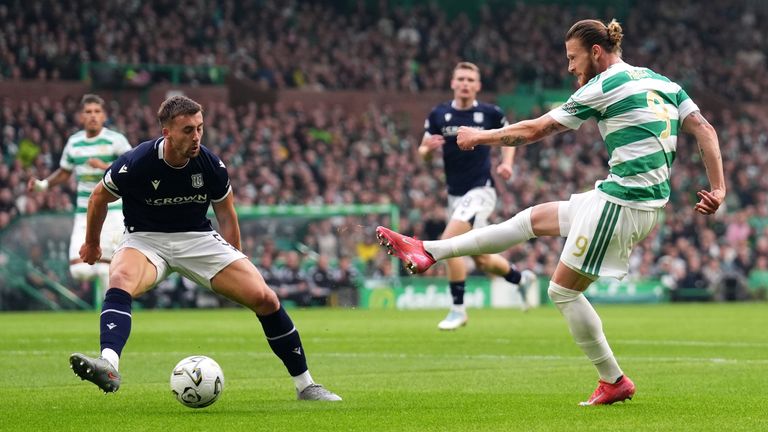 Kasper Hogh shoots wide for Celtic against Dundee