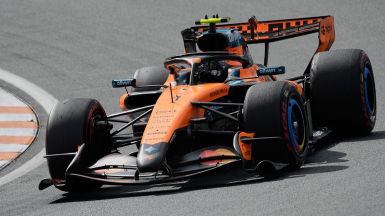 McLaren driver Lando Norris of Britain in action during the Formula One Dutch Grand Prix in Zandvoort , Netherlands, Sunday, Aug. 23, 2026. (AP Photo/Darko Bandic)