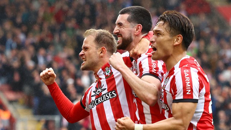 Leo Scienza, Finn Azaz and Kuryu Matsuki of Southampton celebrate a goal during the 5-1 win over Millwall