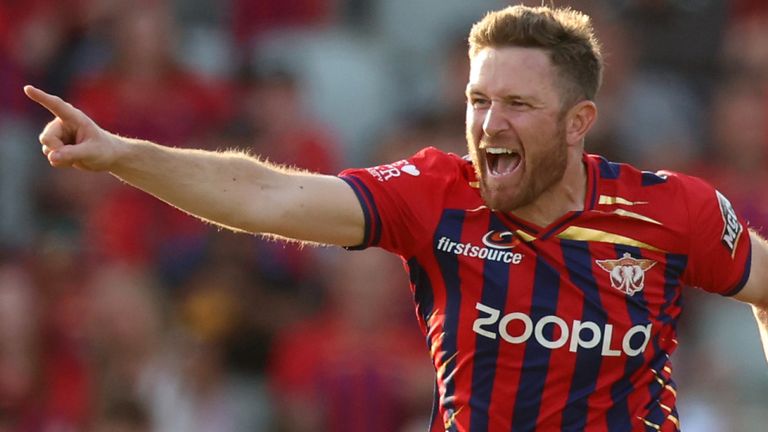 Liam Dawson celebrates taking a wicket for Manchester Super Giants