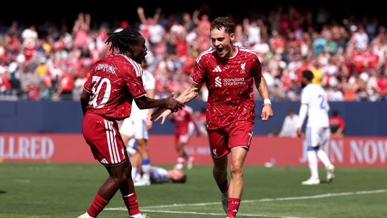 Florian Wirtz celebrates scoring Liverpool's second goal vs Leeds