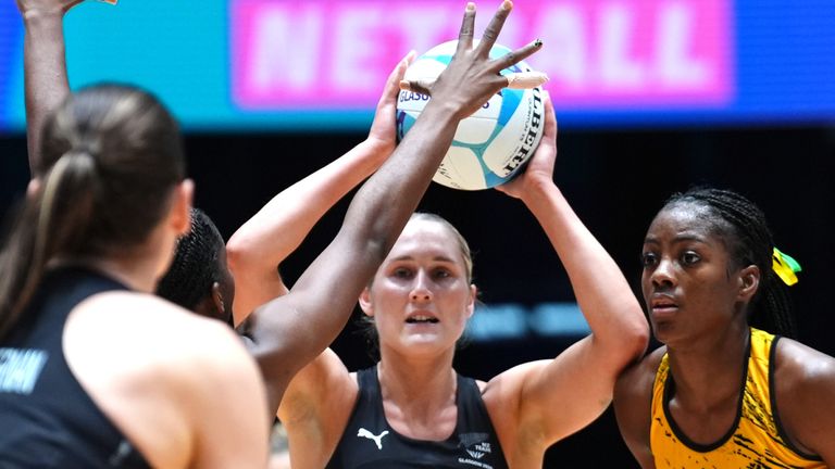 Maddy Gordon of New Zealand with the ball during the netball gold-medal match at the Commonwealth Games 