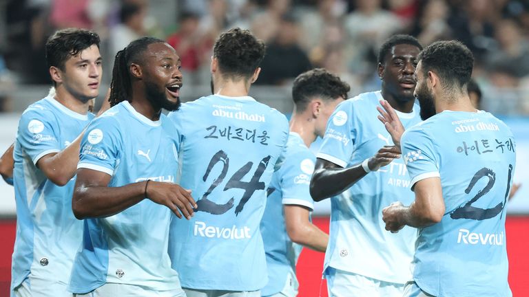 Man City celebrate scoring against the K-League All Stars