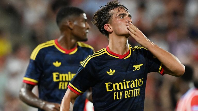 Max Dowman of Arsenal celebrates scoring his team's third goal during the pre-season friendly match against Girona FC