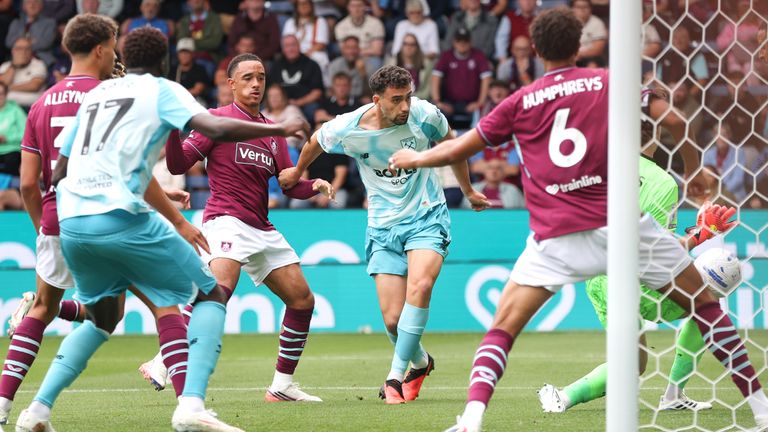 West Ham United's Max Kilman scores the opening goal in the EFL Championship match against Burnley