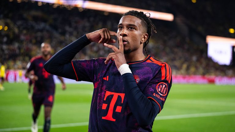 Michael Olise celebrates after scoring for Bayern Munich against Borussia Dortmund in the Franz Beckenbauer Supercup