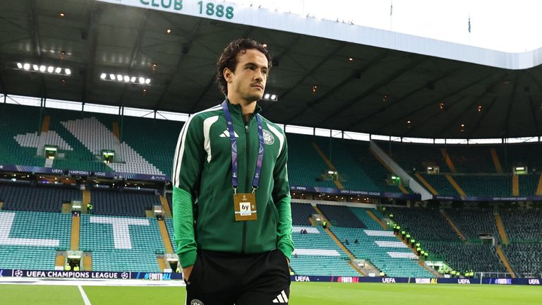 GLASGOW, SCOTLAND - AUGUST 19: Celtic...s Mika Baur pre-match during a UEFA Champions League Play-Off Round first-leg match between Celtic and LASK, at Celtic Park, on August 19, 2026, in Glasgow, Scotland.  (Photo by Ross MacDonald / SNS Group)