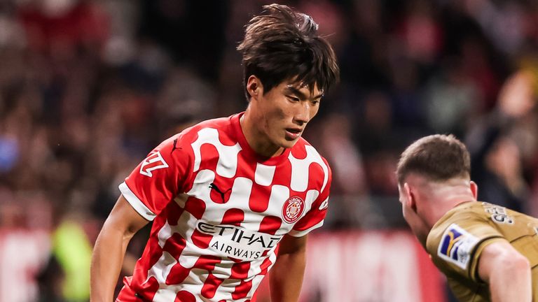 Kim Minsu of Girona FC in action during the Spanish league, La Liga EA Sports, football match played between Girona FC and Real Sociedad at Estadio de Montilivi on October 19, 2024 in Girona, Spain. AFP7 19/10/2024 (Europa Press via AP)
