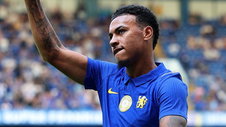 Morgan Rogers celebrates his first goal for Chelsea during a friendly against Real Sociedad at Stamford Bridge