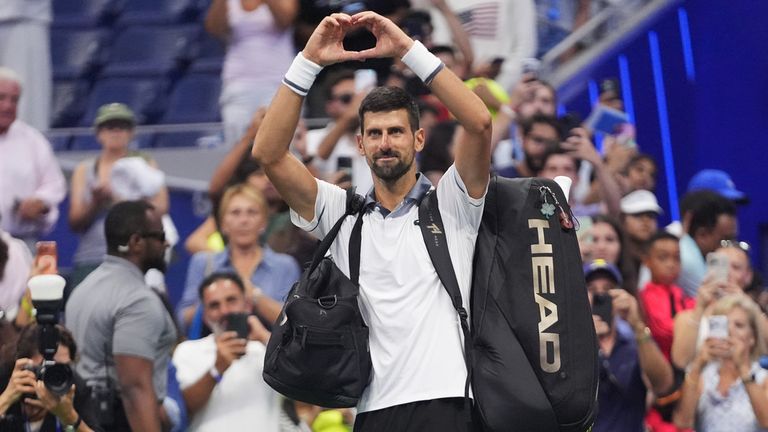Djokovic gestures to the crowd after exiting the US Open