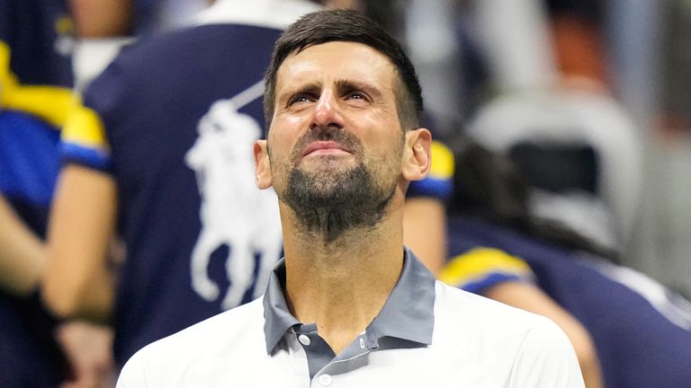 Novak Djokovic, of Serbia, reacts as he rests during the first round of the U.S. Open tennis championships against Mariano Navone, of Argent