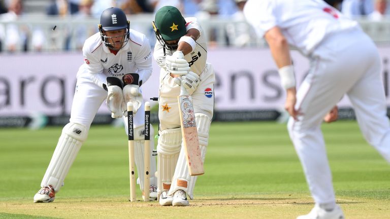 Abdullah Shafique is bowled by Ollie Robinson during the second Test between England and Pakistan at Lord's