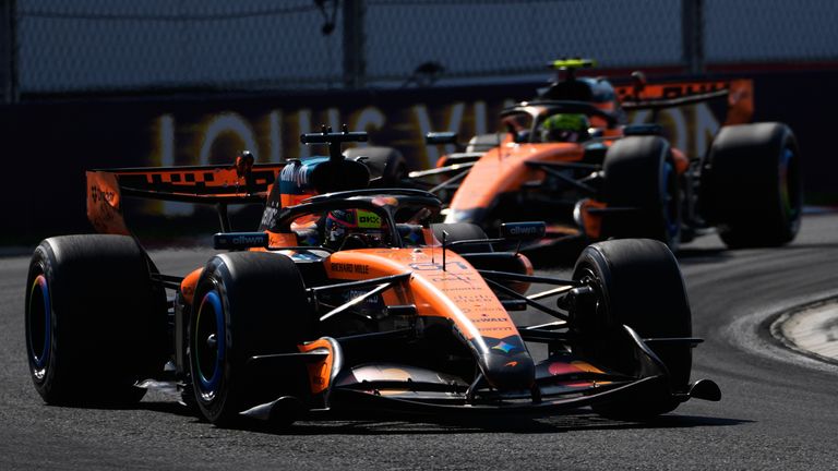 McLaren driver Oscar Piastri of Australia steers his car ahead of McLaren driver Lando Norris of Britain during the Formula One Hungarian Grand Prix auto race, at the Hungaroring racetrack in Mogyorod, near Budapest, Hungary, Sunday, July 26, 2026. (AP Photo/Darko Bandic)