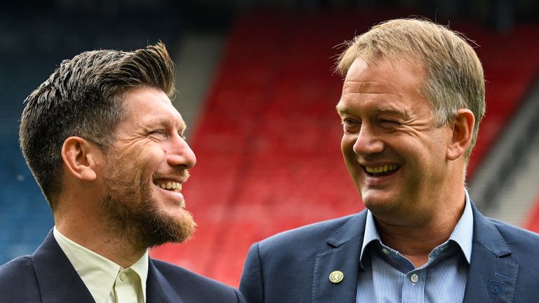 GLASGOW, SCOTLAND - AUGUST 17: New Scotland Head Coach Sebastien Pocognoli (L) is unveiled to the press alongside Scottish FA Chief Executive Ian Maxwell (R) at Barclays Hampden, on August 17, 2026, in Glasgow, Scotland.  (Photo by Rob Casey / SNS Group)