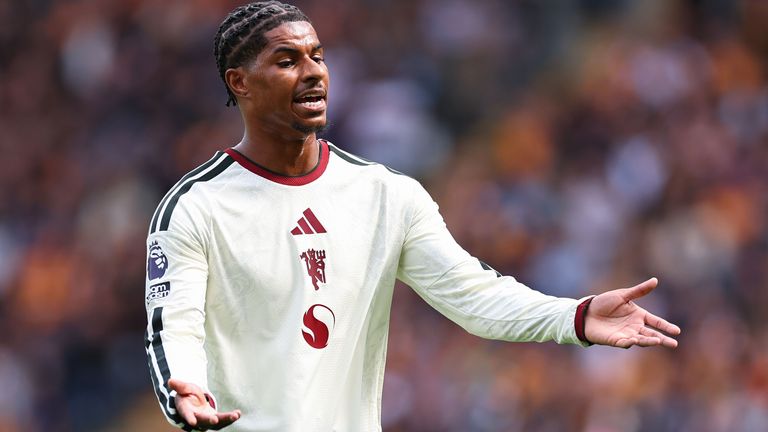 Second-half substitute Marcus Rashford appeals for a decision