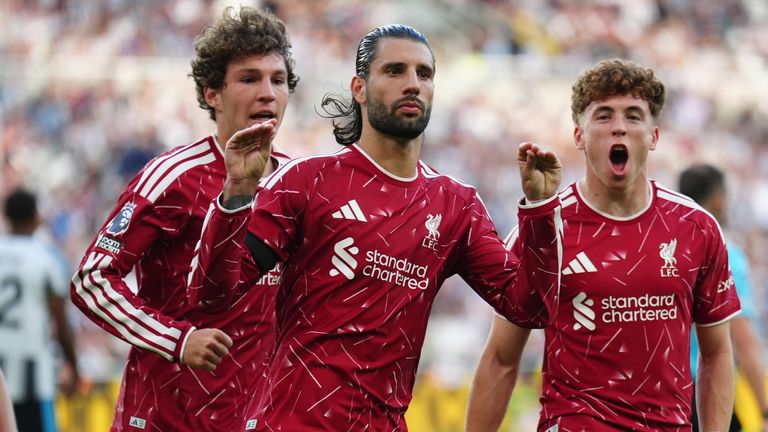 Dominik Szoboszlai celebrates after scoring an injury-time penalty for Liverpool at St James' Park