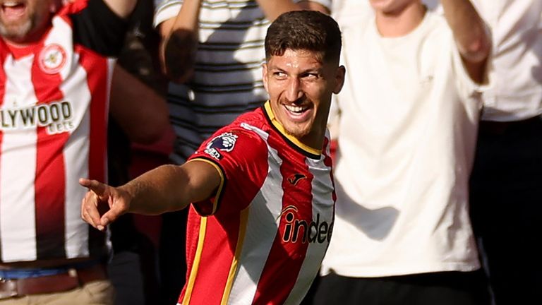 Vitaly Janelt celebrates after doubling Brentford's lead against Spurs