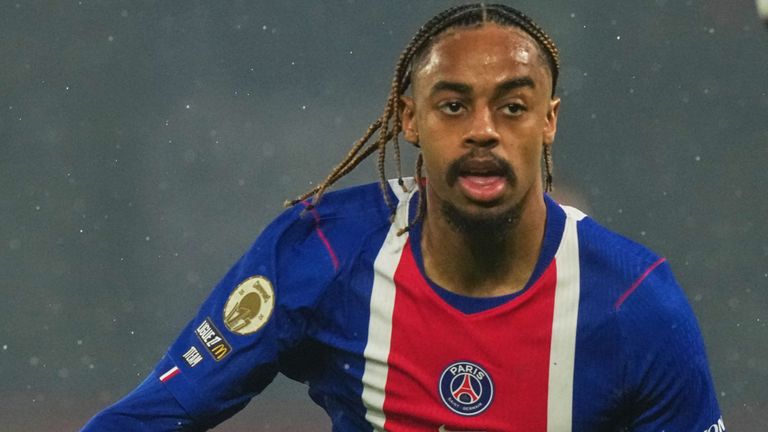 PSG's Bradley Barcola in action against Brest