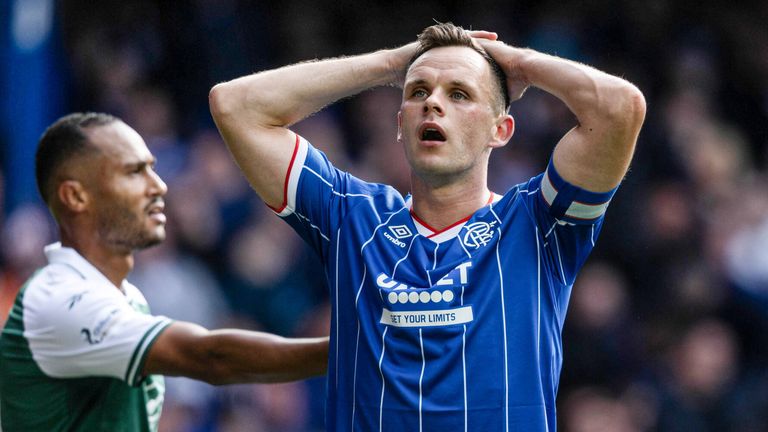GLASGOW,  SCOTLAND - AUGUST 09: Rangers' Lawrence Shankland looks dejected during a William Hill Premiership match between Rangers and Hibernian at Ibrox Stadium, on August 09, 2026, in Glasgow, Scotland. (Photo by Craig Foy / SNS Group)