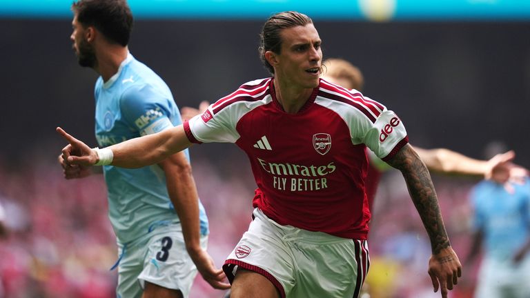 Arsenal's Riccardo Calafiori celebrates scoring their first goal