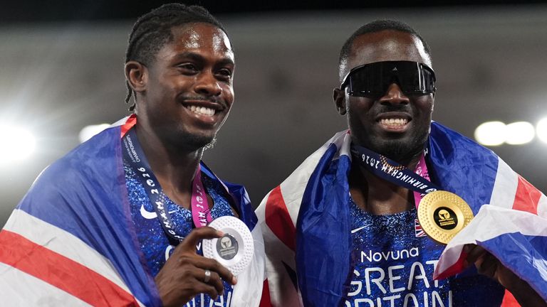 Romell Glave (R) celebrates his 100m gold medal at the European Athletics Championships alongside silver medallist Jeremiah Azu (L)