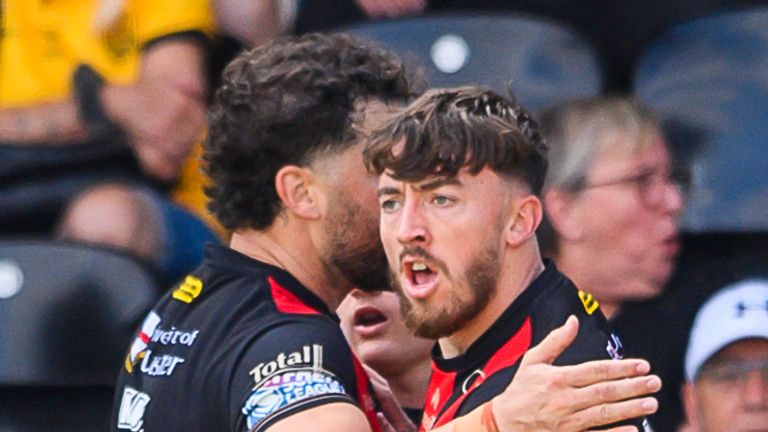 Picture by Allan McKenzie/SWpix.com - 01/08/2026 - Rugby League - Betfred Super League Round 21 - Castleford Tigers v Warrington Wolves - The OneBore Stadium - The Jungle, Castleford, England - Warrington's Matty Ashton celebrates his try against Castleford.