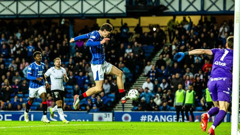 GLASGOW, SCOTLAND - AUGUST 20: Rangers Ryan Naderi scores to make it 1-0 during a UEFA Conference League Playoff Round First Leg match between Rangers and Jablonec, at Ibrox Stadium, on August 20, 2026, in Glasgow, Scotland. (Photo by Craig Foy / SNS Group)
