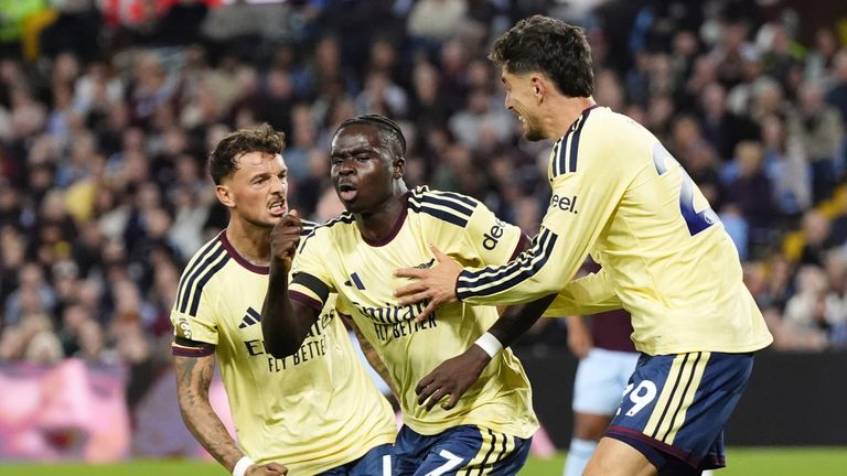 Bukayo Saka celebrates scoring for Arsenal at Aston Villa