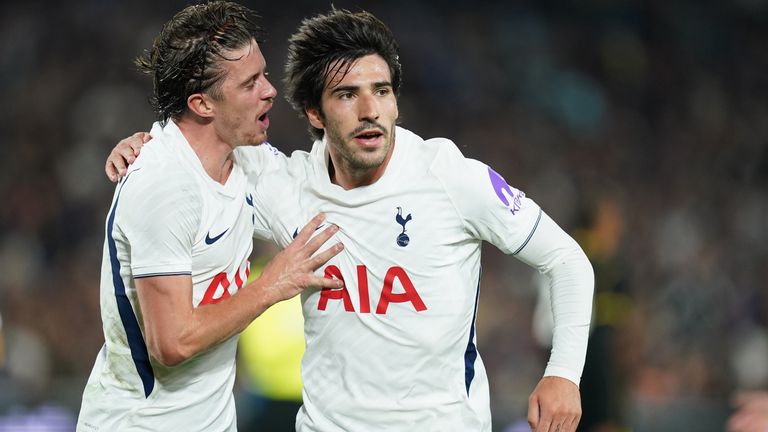 Tottenham Hotspur's Sandro Tonali (right) celebrates scoring their side's first goal 