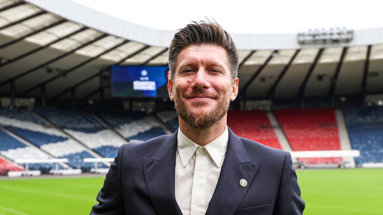 GLASGOW, SCOTLAND - AUGUST 17: New Scotland Head Coach Sebastien Pocognoli is unveiled to the press at Barclays Hampden, on August 17, 2026, in Glasgow, Scotland.  (Photo by Craig Williamson / SNS Group)