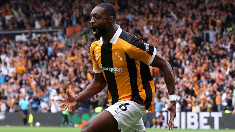 Semi Ajayi celebrates after giving Hull a first-half lead against Manchester United