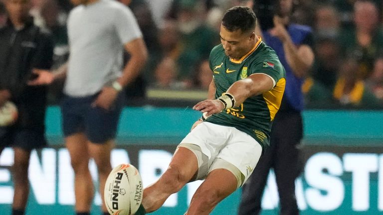 South Africa's Cheslin Kolbe scored four penalties and three conversions for South Africa  (AP Photo/Themba Hadebe)