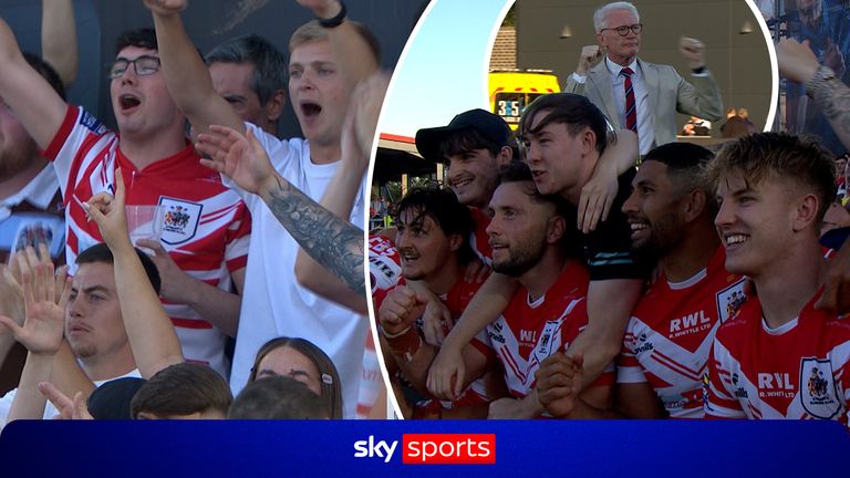 There were jubilant scenes at the full-time whistle as St Helens kept their play-off hopes alive with victory over Wakefield Trinity, with players and supporters celebrating together in the stands which include a photo. 
