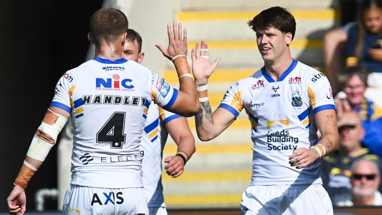 Riley Lumb celebrates after scoring his hat-trick try against York