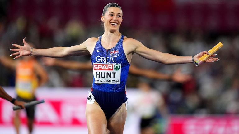 Hunt celebrates as she crosses the line for her fourth gold of the Championships