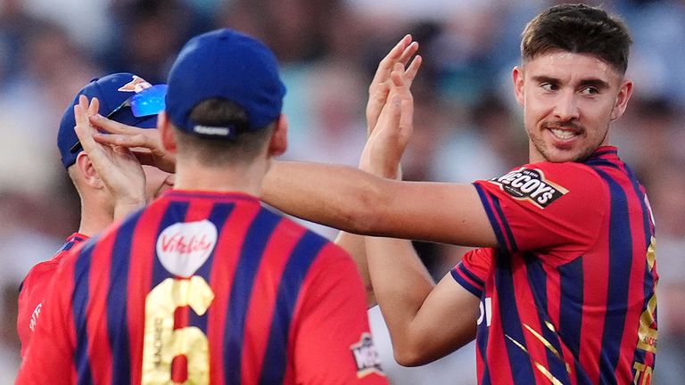 Manchester Super Giants' Josh Tongue celebrates taking the wicket of Sunrisers Leeds' Zak Crawley 