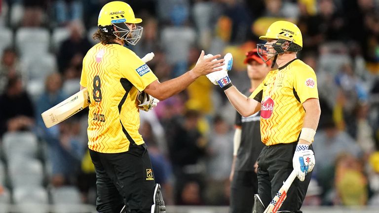 Trent Rockets' Tim David (left) and Sam Billings celebrate following victory against Birmingham Phoenix in The Hundred