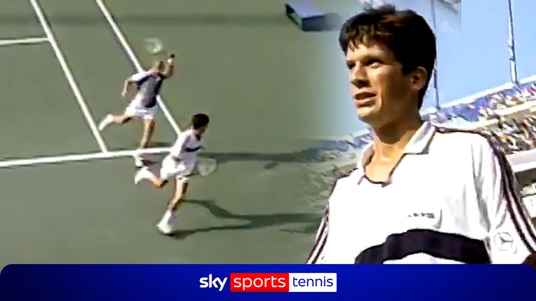 Thomas Muster chases after Tim Henman at the US Open