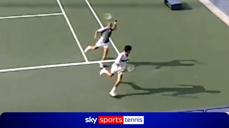 Thomas Muster chases after Tim Henman at the US Open