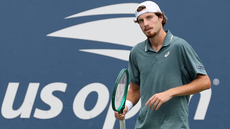 Toby Samuel of Great Britain reacts against Tomas Machac of Czechia during their Men's Singles First Round match on Day One of the 2026 US O